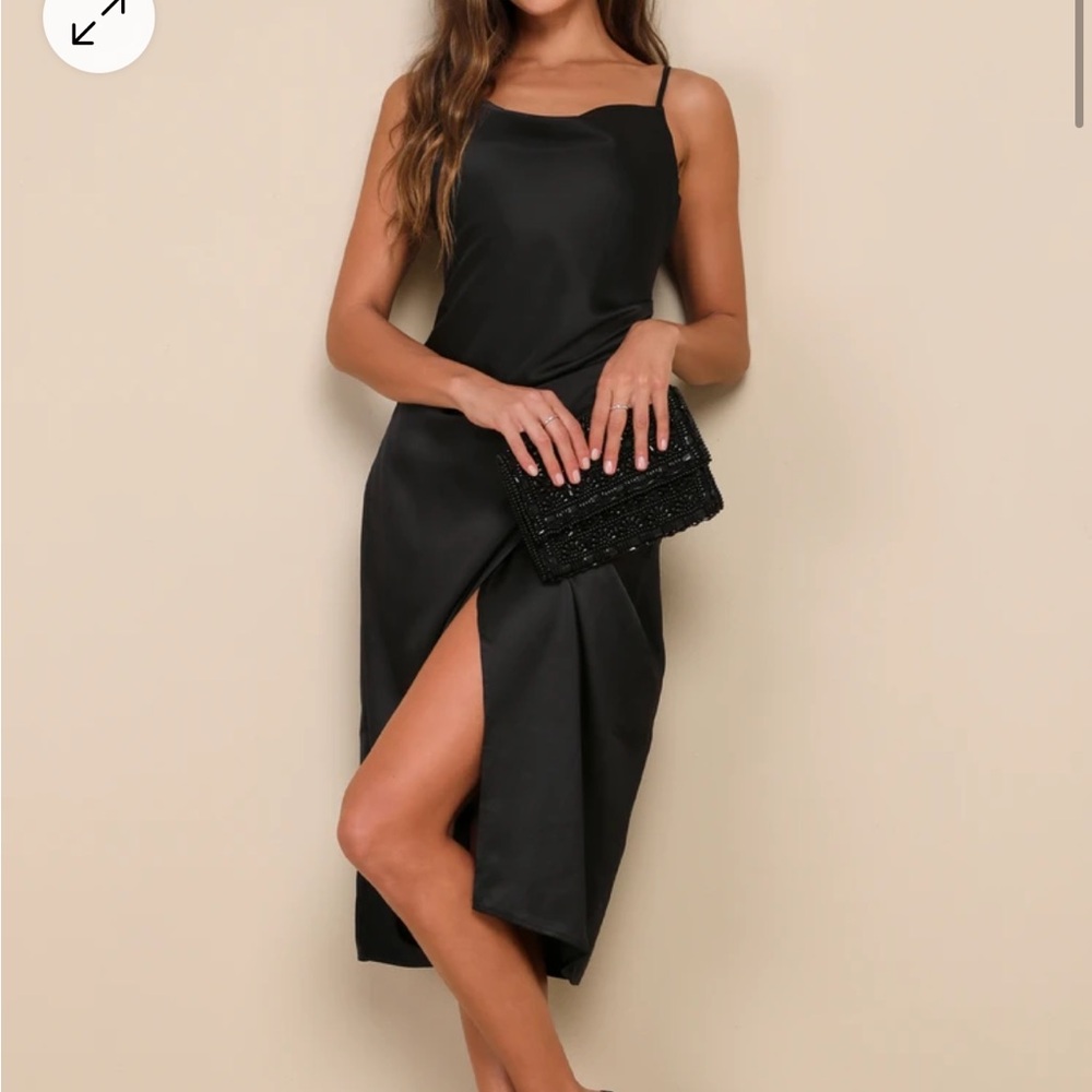 Lulus Hollywood Woman Black Satin Midi Dress, Size Medium, NWT